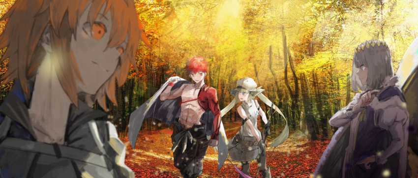 2boys 2girls absurdres artoria_pendragon_(all) artoria_pendragon_(caster)_(fate) autumn_leaves blonde_hair blue_eyes cape commentary_request crown emiya_shirou fate/grand_order fate_(series) forest fujimaru_ritsuka_(female) fur-trimmed_cape fur_trim gyoukan_(jfxc) hat highres holding igote light_rays limited/zero_over multiple_boys multiple_girls nature oberon_(fate) orange_eyes orange_hair puffy_sleeves redhead robe sengo_muramasa_(fate) smile sunlight tree tree_shade white_hair wristband