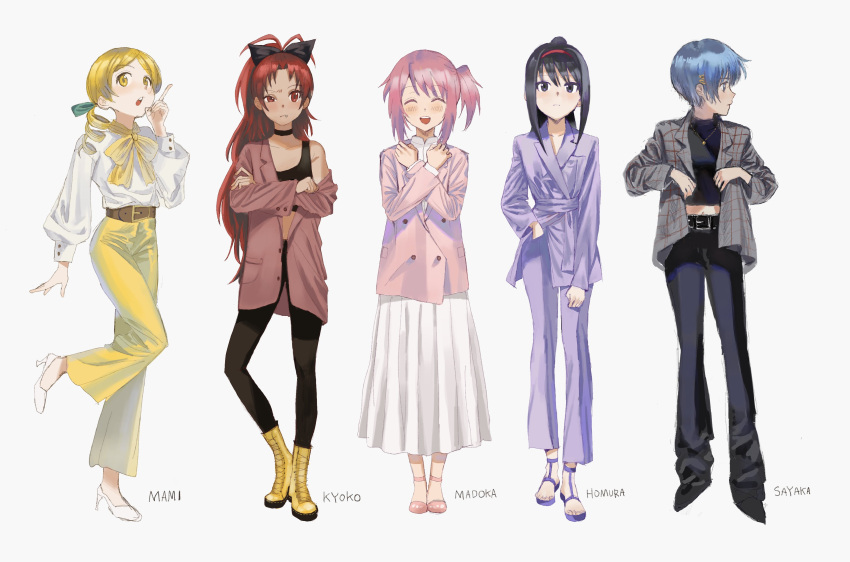5girls ^_^ absurdres akemi_homura alternate_costume alternate_hair_length alternate_hairstyle ankle_boots ankle_strap arm_at_side bangs bellbottoms belt black_belt black_choker black_footwear black_hair black_legwear black_pants black_ribbon blonde_hair blue_eyes blue_hair boots brown_belt character_name choker closed_eyes closed_mouth collarbone contrapposto crop_top cross-laced_footwear crossed_arms dddoochi1 dot_nose drill_hair expressionless eyebrows_visible_through_hair facing_away fang fashion feet_up flat_chest flats formal full_body furrowed_brow green_ribbon grey_background grey_jacket hair_ornament hair_ribbon hairband hairclip hand_in_pocket hand_up hands_on_own_chest hands_up head_tilt high-waist_pants high_collar high_heels high_ponytail highres index_finger_raised jacket jacket_partially_removed jewelry kaname_madoka knees_together_feet_apart lace-up_boots laughing legs_together light_blush long_skirt long_sleeves looking_afar mahou_shoujo_madoka_magica medal midriff miki_sayaka multiple_girls navel neck_ribbon necklace older open_mouth pants pantyhose pink_footwear pink_jacket plaid plaid_jacket pleated_skirt pointy_footwear ponytail profile puffy_long_sleeves puffy_sleeves purple_footwear purple_jacket purple_pants red_eyes red_hairband redhead ribbon round_teeth sakura_kyouko sandals shirt_tucked_in short_hair side-by-side side_ponytail sideways_glance simple_background skirt suit teeth tomoe_mami tsurime upper_teeth very_short_hair white_footwear white_skirt yellow_eyes yellow_footwear yellow_pants yellow_ribbon