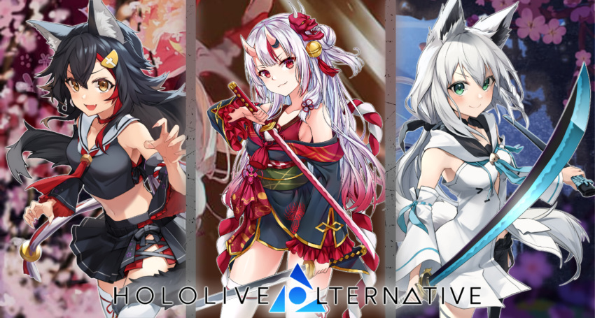 absurdres black_hair copyright_request facing_viewer highres holding holding_sword holding_weapon hololive hololive_alternative horns huge_filesize long_hair looking_at_viewer nakiri_ayame ookami_mio shirakami_fubuki sword weapon white_hair