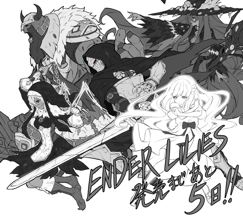 2boys 3girls absurdres armor beard boots bow breastplate capelet countdown dress ender_lilies_quietus_of_the_knights facial_hair fantasy full_body gauntlets hammer hat helmet highres hood hooded_capelet horned_headwear horned_helmet knee_boots long_hair monochrome multiple_boys multiple_girls nun official_art red_eyes shoulder_armor simple_background spot_color sword very_long_hair weapon white_background wide_sleeves witch witch_hat