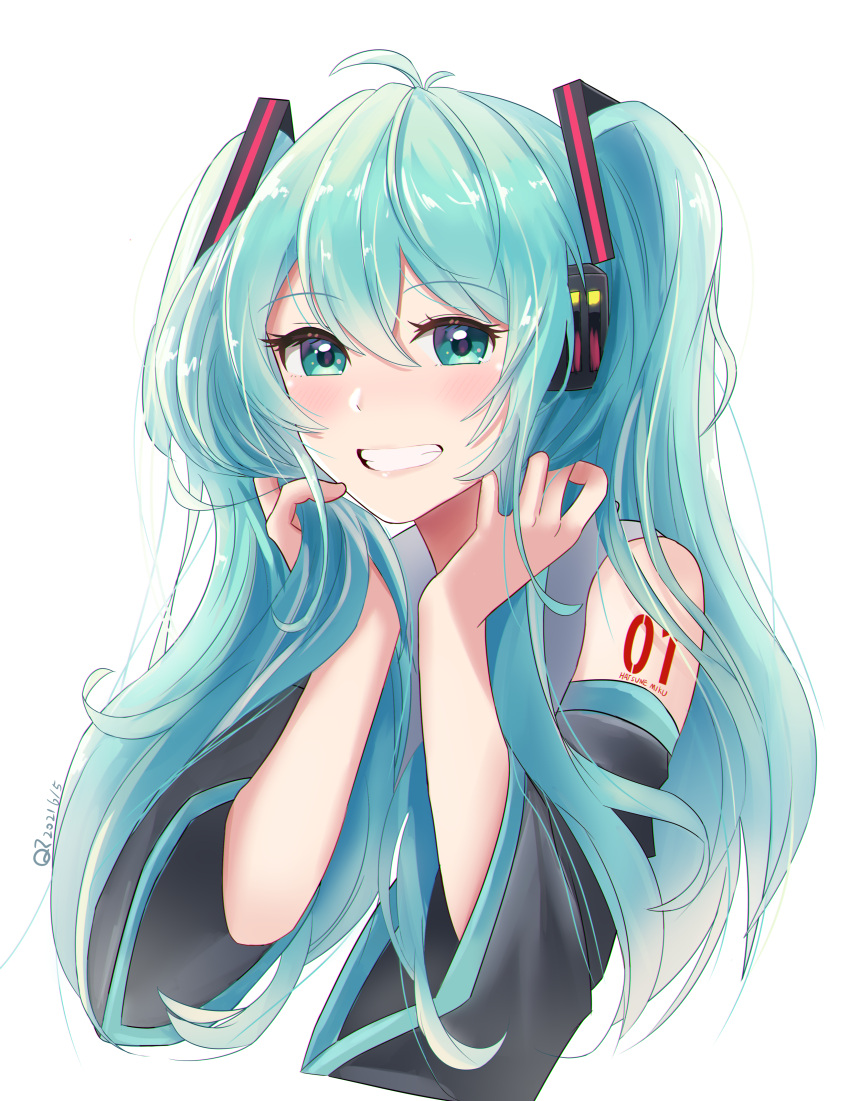 1girl 2021 absurdres bangs black_sleeves blue_eyes blue_hair blush character_name cropped_torso dated detached_sleeves eyebrows_visible_through_hair grin hair_between_eyes hair_ornament hatsune_miku headphones highres holding holding_hair long_hair long_sleeves q_t_(pixiv) shiny shiny_hair smile solo tattoo upper_body very_long_hair vocaloid wide_sleeves