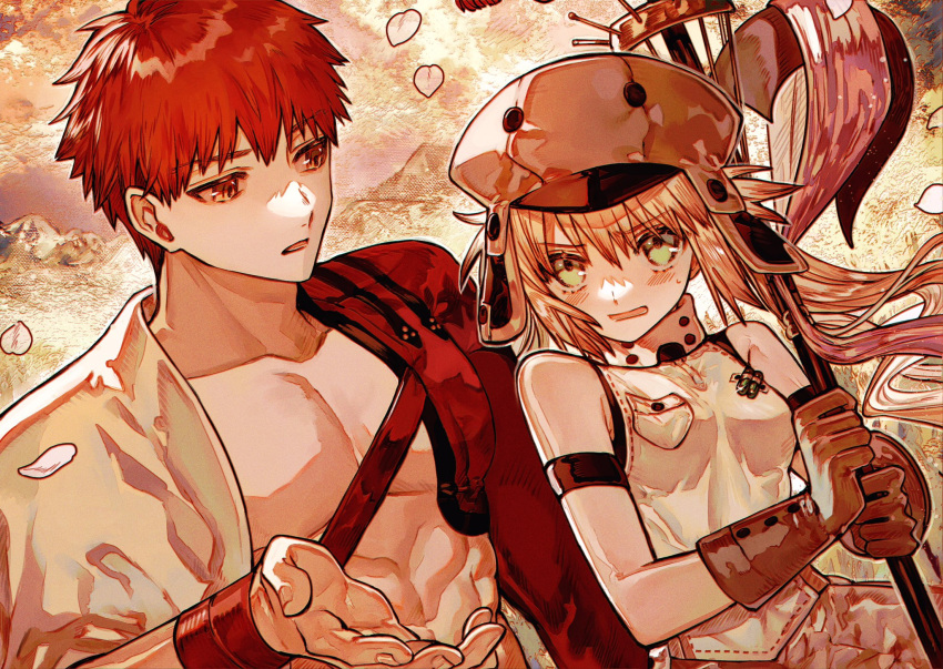 1boy 1girl albino_(a1b1n0623) artoria_pendragon_(all) artoria_pendragon_(caster)_(fate) bangs bare_shoulders blonde_hair blush emiya_shirou falling_petals fate/grand_order fate_(series) gloves green_eyes hat highres holding igote limited/zero_over looking_at_another open_mouth outstretched_hand petals redhead sengo_muramasa_(fate) staff sweatdrop toned toned_male upper_body v-shaped_eyebrows wristband yellow_eyes