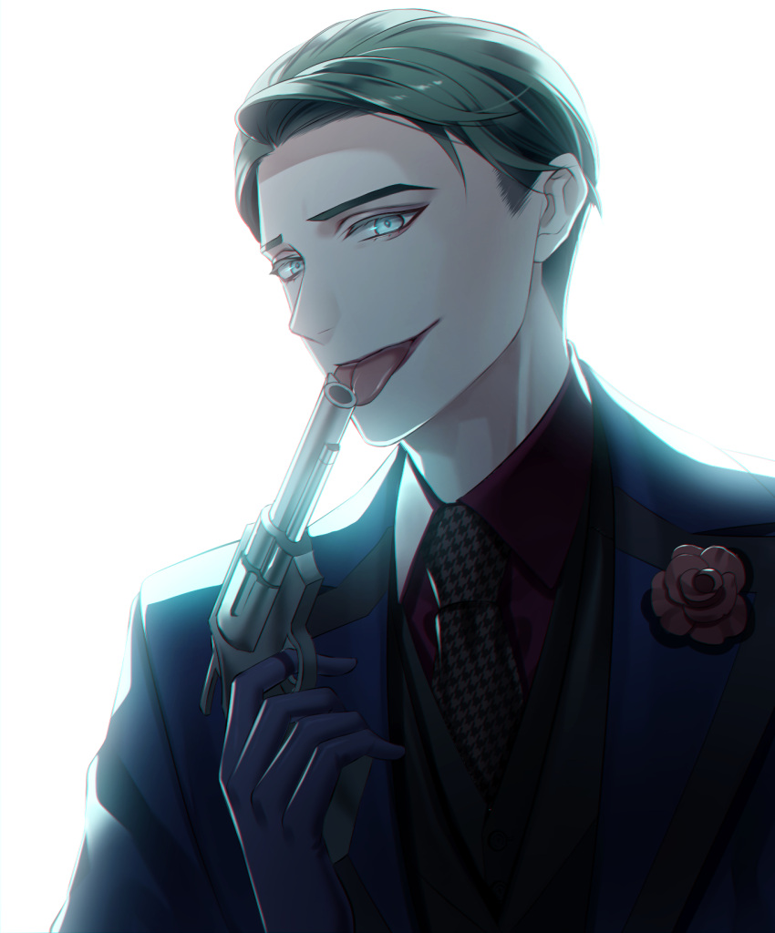 1boy araragi_soushi black_gloves blue_eyes blue_suit boutonniere gloves gotham_(series) gun highres holding holding_gun holding_weapon houndstooth licking licking_weapon male_focus necktie simple_background solo tongue tongue_out upper_body weapon white_background
