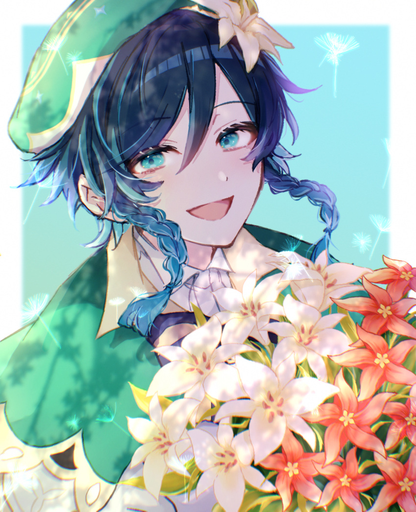 1boy androgynous bangs beret black_hair blue_hair bouquet bow braid cape collared_cape collared_shirt commentary_request dandelion english_text eyebrows_visible_through_hair flower genshin_impact gradient_hair green_background green_eyes green_headwear hair_flower hair_ornament happy_birthday hat highres holding holding_bouquet leaf looking_at_viewer male_focus multicolored_hair open_mouth red_flower rikka_44 shirt short_hair_with_long_locks simple_background smile solo twin_braids venti_(genshin_impact) white_flower white_shirt