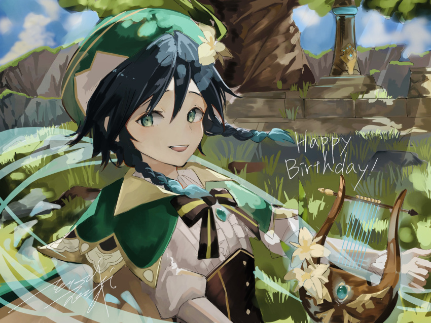 1boy androgynous bangs beret black_hair blue_hair bow braid brooch cape clouds cloudy_sky collared_cape collared_shirt commentary_request corset dappled_sunlight day english_text flower frilled_sleeves frills gem genshin_impact gradient_hair grass green_eyes green_headwear happy_birthday hat hat_flower highres holding holding_instrument instrument jewelry leaf long_sleeves looking_at_viewer lyre male_focus multicolored_hair open_mouth outdoors shirt short_hair_with_long_locks sky smile solo sunlight temarizushi tree twin_braids venti_(genshin_impact) white_flower white_shirt wind