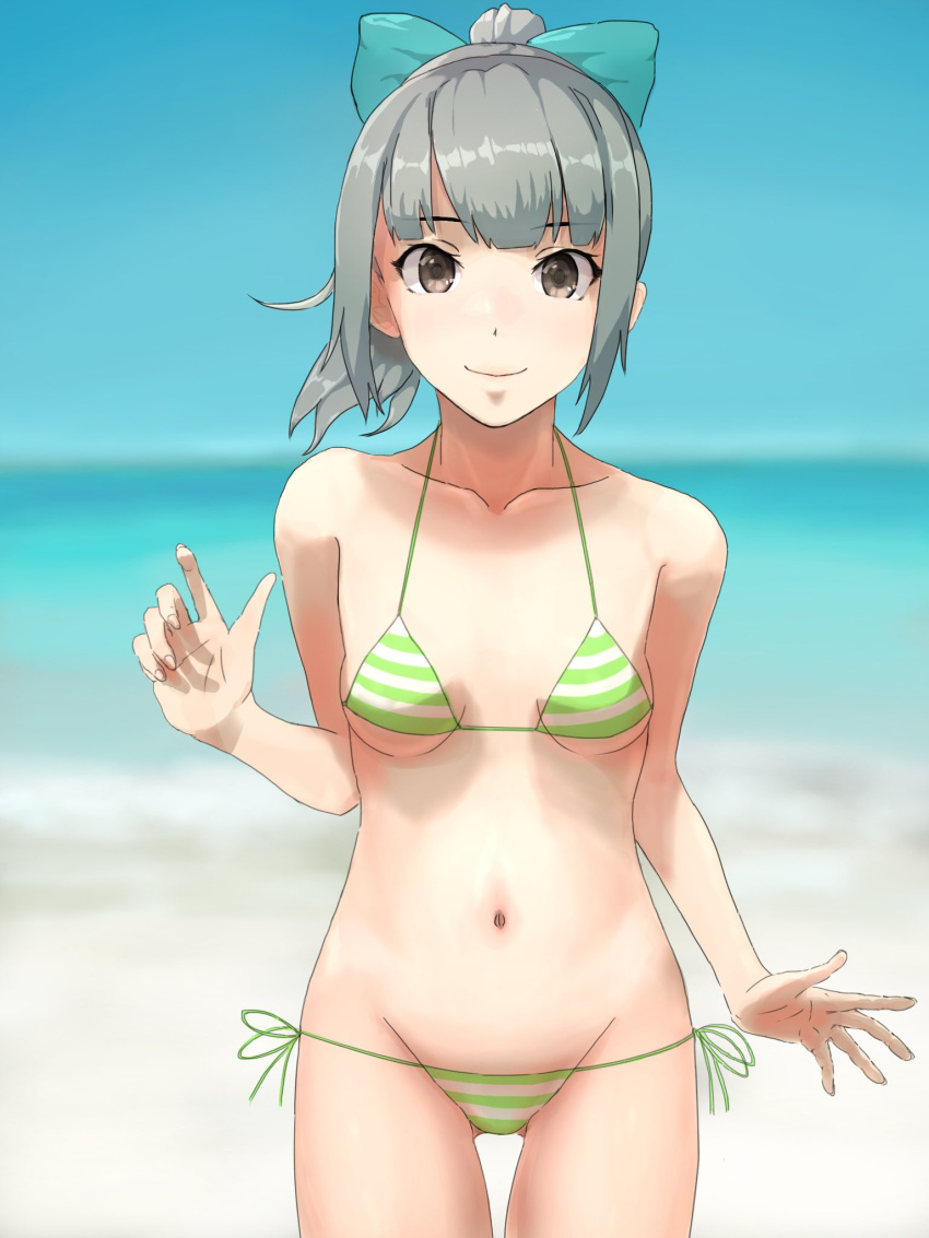 1girl artist_name ass_visible_through_thighs bangs beach bikini blue_sky blunt_bangs blurry bow breasts brown_eyes collarbone commentary_request cowboy_shot day depth_of_field green_bikini green_bow grey_hair groin hair_bow highres horizon kantai_collection long_hair looking_at_viewer navel ocean outdoors side-tie_bikini sky small_breasts smile solo standing striped striped_bikini swimsuit twitter_username yuubari_(kancolle) yuushou