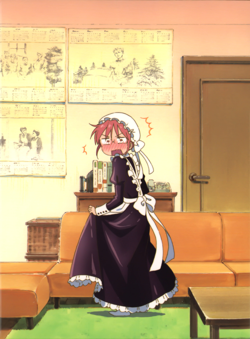 1girl :d absurdres alternate_costume blush constricted_pupils embarrassed enmaided full_body glasses highres indoors kobayashi-san_chi_no_maidragon kobayashi_(maidragon) maid maid_headdress official_art open_mouth redhead rimless_eyewear scan smile solo v-shaped_eyebrows