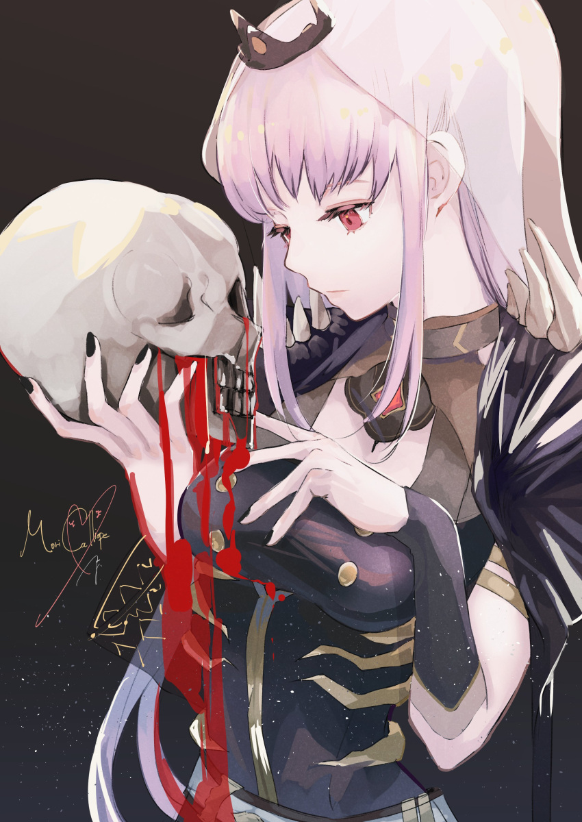 absurdres black_nails blood bloody_clothes breasts cape highres holding holding_skull hololive hololive_english long_hair mori_calliope ogura_tubuan pink_hair red_eyes shoulder_spikes skull spikes tiara veil virtual_youtuber