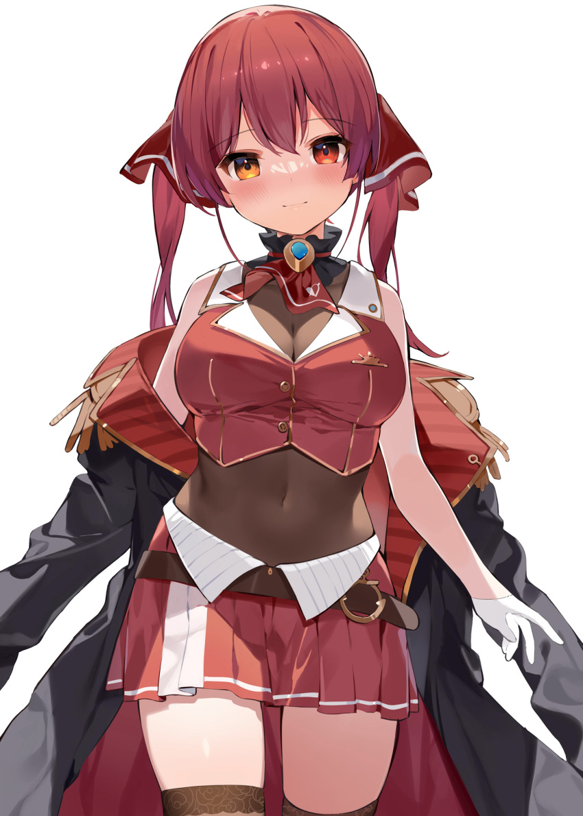 1girl belt blush breasts brooch brown_legwear coat commentary covered_navel cowboy_shot cravat epaulettes eyebrows_visible_through_hair gloves hana_mori heterochromia highres hololive houshou_marine jewelry leotard leotard_under_clothes long_hair looking_at_viewer medium_breasts off_shoulder pleated_skirt red_coat red_eyes red_skirt redhead sheer_leotard simple_background skirt smile thigh-highs twintails virtual_youtuber white_background white_gloves yellow_eyes zettai_ryouiki