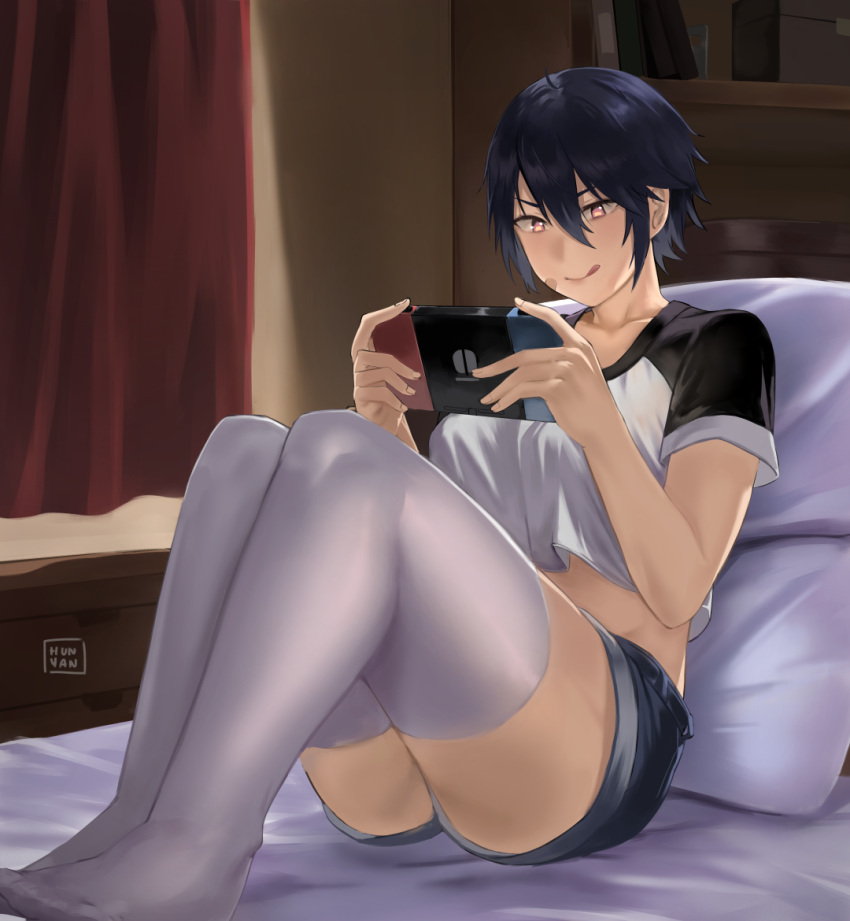 1girl :q artist_name bandaid bandaid_on_face bangs bedroom black_hair black_sleeves bookshelf breasts collarbone crop_top crop_top_overhang curtains dated_commentary denim denim_shorts full_body groin hair_between_eyes handheld_game_console holding holding_handheld_game_console hunyan indoors large_breasts looking_at_object midriff nintendo_switch original pillow pink_eyes playing_games raglan_sleeves shirt short_hair short_shorts short_sleeves shorts sidelocks sitting skindentation smile solo t-shirt thigh-highs tongue tongue_out white_legwear white_shirt