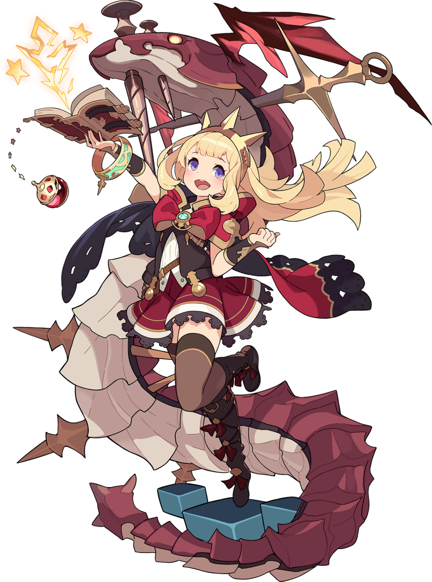 1girl arm_up artist_request bangle bangs belt black_footwear blonde_hair blunt_bangs blush book boots bow bowtie bracelet brooch brown_legwear brown_vest cagliostro_(granblue_fantasy) cape clenched_hand colored_sclera cube dragon electricity flat_chest frilled_skirt frills full_body gem granblue_fantasy hand_up happy highres holding holding_book impaled jewelry knee_boots leg_up long_hair looking_at_viewer miniskirt nail non-web_source official_art open_book open_mouth orange_sclera ouroboros_(granblue_fantasy) outstretched_arm red_cape red_neckwear red_skirt shiny shiny_hair shirt sidelocks skirt sleeveless sleeveless_shirt smile solo_focus standing standing_on_one_leg star_(symbol) teeth thigh-highs tiara transparent_background two-sided_cape two-sided_fabric vambraces vest violet_eyes white_shirt world_flipper yellow_eyes yellow_headwear zettai_ryouiki