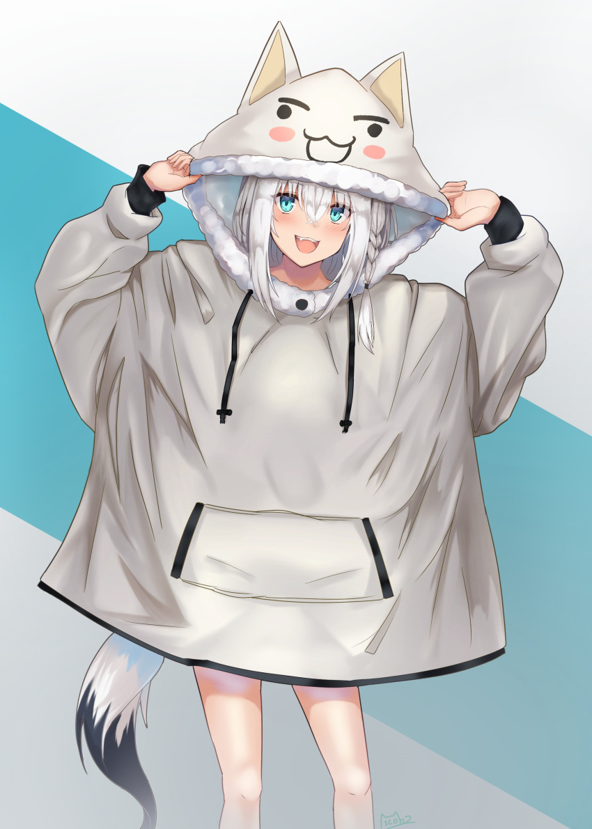 1girl absurdres bangs blush braid commentary_request eyebrows_visible_through_hair fox_girl fox_tail green_eyes hair_between_eyes highres hololive hood hood_up hoodie long_hair long_sleeves looking_at_viewer micon open_mouth shirakami_fubuki sidelocks signature simple_background single_braid smile solo tail virtual_youtuber white_hair
