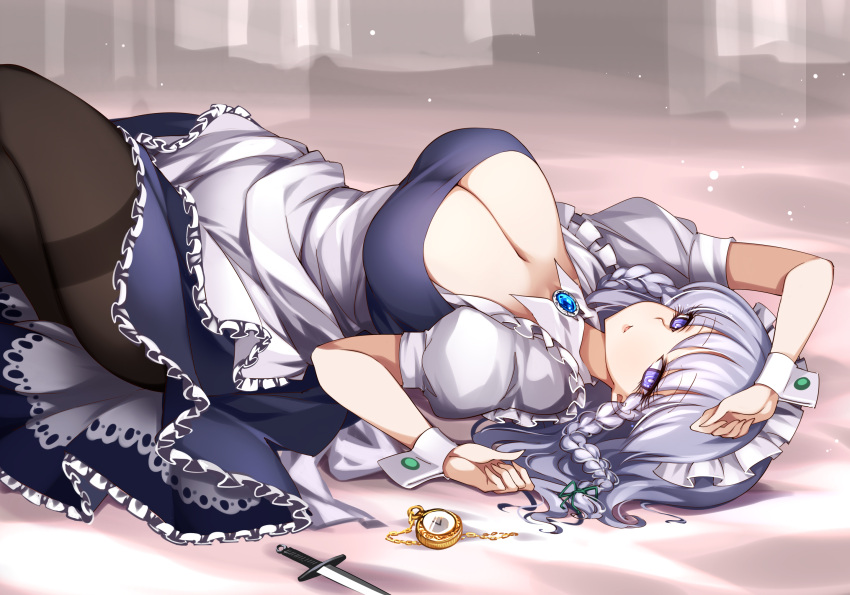 1girl apron blue_dress blue_eyes bow braid breasts clock dress frilled_apron frilled_skirt frills hair_bow highres izayoi_sakuya knife large_breasts maid maid_apron maid_headdress medium_hair pantyhose puffy_short_sleeves puffy_sleeves raptor7 short_hair short_sleeves silver_hair skirt solo thighband_pantyhose thighs touhou twin_braids weapon