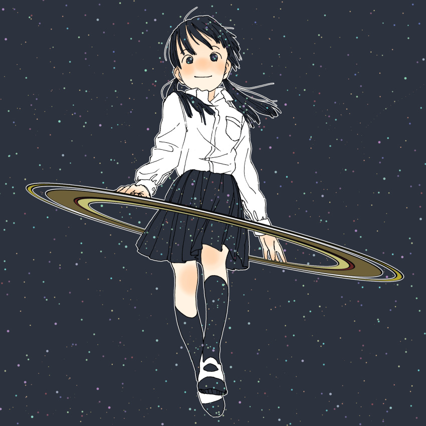 1girl black_background black_eyes black_hair black_legwear black_skirt blush closed_mouth collared_shirt commentary_request full_body highres kneehighs long_hair long_sleeves looking_at_viewer open_collar original planetary_ring pleated_skirt shiki_haru shirt shirt_tucked_in skirt smile solo starry_background twintails white_footwear white_shirt