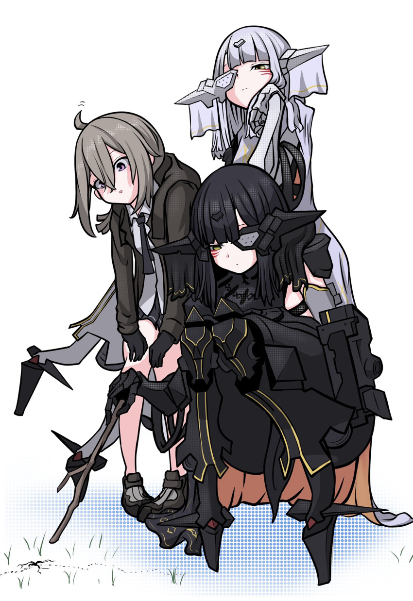 3girls android black_hair commentary_request cyborg eyepatch girls_frontline gloves highres long_hair m200_(girls_frontline) mechanical_arms mechanical_legs multiple_girls nyto_adeline_(girls_frontline) nyto_alina_(girls_frontline) paradeus pointing shoes sneakers stick white_hair zandorosouls