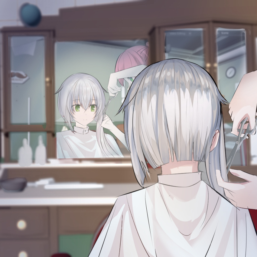 2girls alternate_hair_length alternate_hairstyle altina_orion cutting_hair eiyuu_densetsu green_eyes hair_salon hand_in_another's_hair highres idqd juna_crawford long_hair mirror multiple_girls pink_hair ponytail pov reflection scissors sen_no_kiseki silver_hair solo_focus upper_body