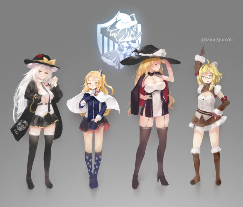 4girls alternate_hairstyle azur_lane azusa_(cookie) bangs black_cape black_dress black_jacket black_legwear black_skirt blonde_hair blue_gloves blue_shirt blush boots bow braid breasts brown_eyes brown_footwear brown_gloves brown_sleeves cape cleveland_(azur_lane) cleveland_(azur_lane)_(cosplay) commentary_request cookie_(touhou) cosplay detached_sleeves dress enterprise_(azur_lane) enterprise_(azur_lane)_(cosplay) fairyfloss full_body fur-trimmed_boots fur-trimmed_skirt fur-trimmed_sleeves fur_trim garter_straps gloves green_eyes grey_background hair_bow hat hat_bow highres honolulu_(azur_lane) honolulu_(azur_lane)_(cosplay) jacket kirisame_marisa large_breasts long_hair looking_at_viewer mars_(cookie) medium_breasts medium_hair multiple_girls oklahoma_(azur_lane) oklahoma_(azur_lane)_(cosplay) open_mouth pointing pointing_up red-framed_eyewear red_cape red_eyes red_star rei_(cookie) semi-rimless_eyewear shirt short_dress side_braid side_ponytail simple_background single_braid skirt small_breasts standing star_(symbol) thigh-highs touhou twitter_username two-sided_cape two-sided_fabric under-rim_eyewear uzuki_(cookie) white_bow white_cape white_shirt witch_hat yellow_bow