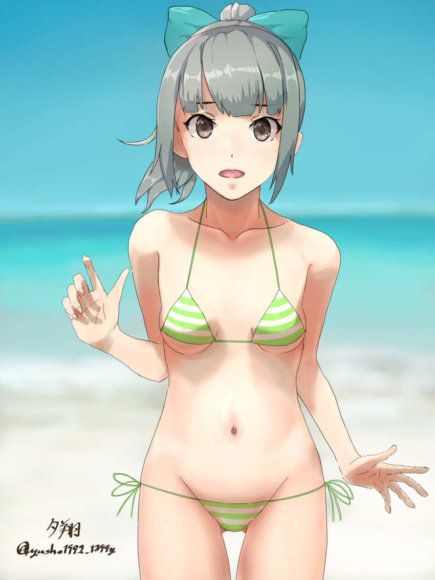 1girl artist_name ass_visible_through_thighs bangs beach bikini blue_sky blunt_bangs blurry bow breasts brown_eyes collarbone commentary_request cowboy_shot day depth_of_field green_bikini green_bow grey_hair groin hair_bow highres horizon kantai_collection long_hair looking_at_viewer navel ocean open_mouth outdoors side-tie_bikini sky small_breasts solo standing striped striped_bikini swimsuit twitter_username yuubari_(kancolle) yuushou