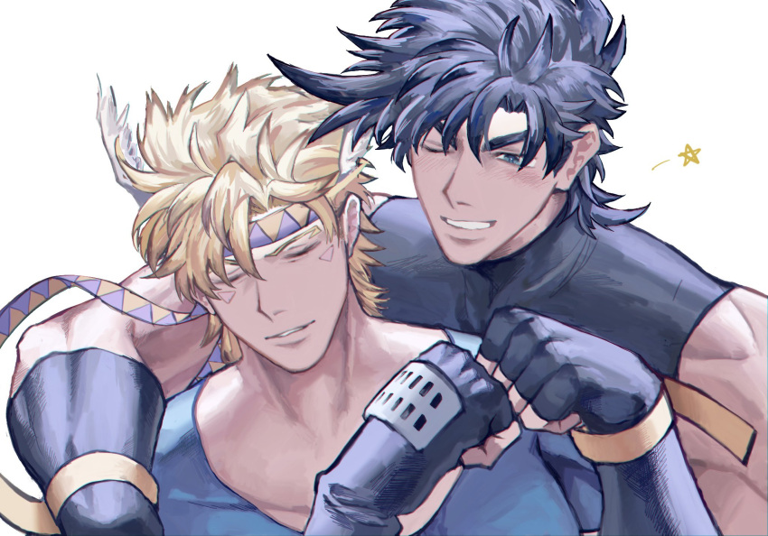 2boys arm_around_shoulder asatomjj battle_tendency black_hair blonde_hair blue_eyes caesar_anthonio_zeppeli clenched_hand closed_eyes commentary english_commentary eyebrows_behind_hair facial_mark feather_hair_ornament feathers fingerless_gloves fist_bump gloves grin hair_ornament headband highres jojo_no_kimyou_na_bouken joseph_joestar joseph_joestar_(young) male_focus multiple_boys muscular muscular_male one_eye_closed short_hair simple_background sleeveless smile star_(symbol) symbol_commentary triangle_print white_background