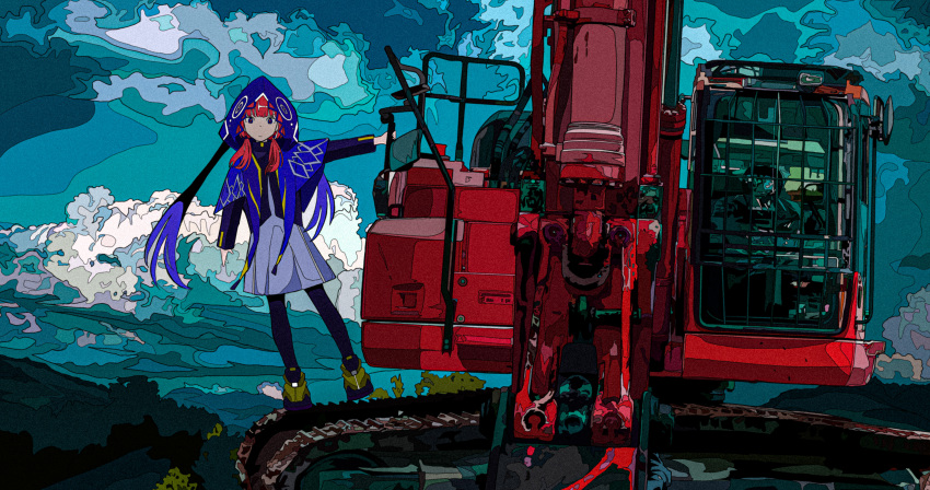 1girl absurdres boots capelet caterpillar_tracks dress excavator expressionless film_grain full_body harusameriburo highres hood hood_up hooded_capelet kaf_(kamitsubaki_studio) kamitsubaki_studio long_hair machinery multicolored multicolored_eyes outdoors pink_hair sky solo twintails virtual_youtuber