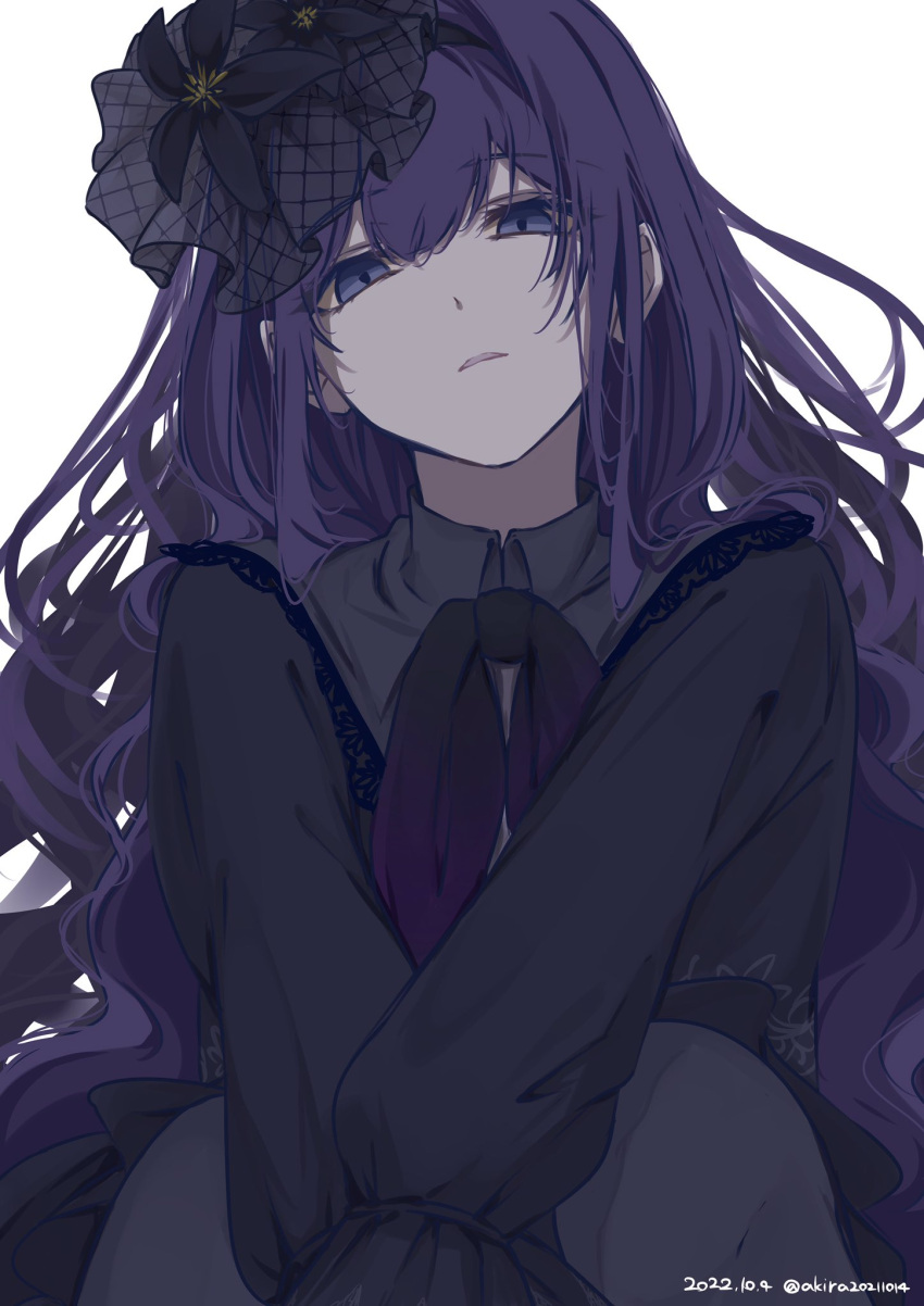 1girl akira20211014 asahina_mafuyu black_bow black_dress blue_eyes bow dated dress empty_eyes from_below hair_down hairband headpiece highres light_frown long_hair long_sleeves looking_at_viewer looking_down project_sekai purple_hair solo twitter_username upper_body wavy_hair white_background
