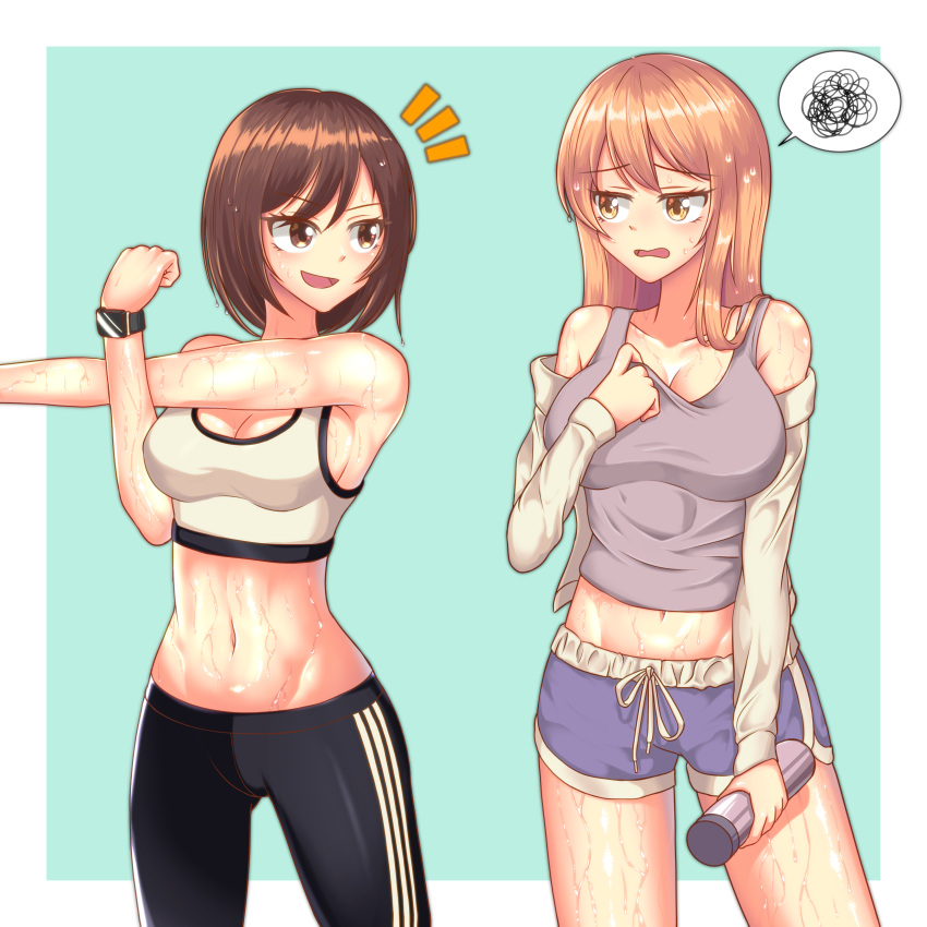 2girls absurdres black_pants brown_eyes brown_hair collar_tug detached_sleeves highres leo23 long_hair long_sleeves looking_at_another maribel_hearn midriff multiple_girls muscular muscular_female navel open_mouth orange_hair pants purple_shirt purple_shorts purple_tank_top shirt shirt_tug short_hair shorts smile speech_bubble sports_bra sportswear stomach stretch striped striped_legwear sweat sweating_profusely tank_top thermos thighs touhou track_pants two-tone_background usami_renko watch watch wet yellow_eyes