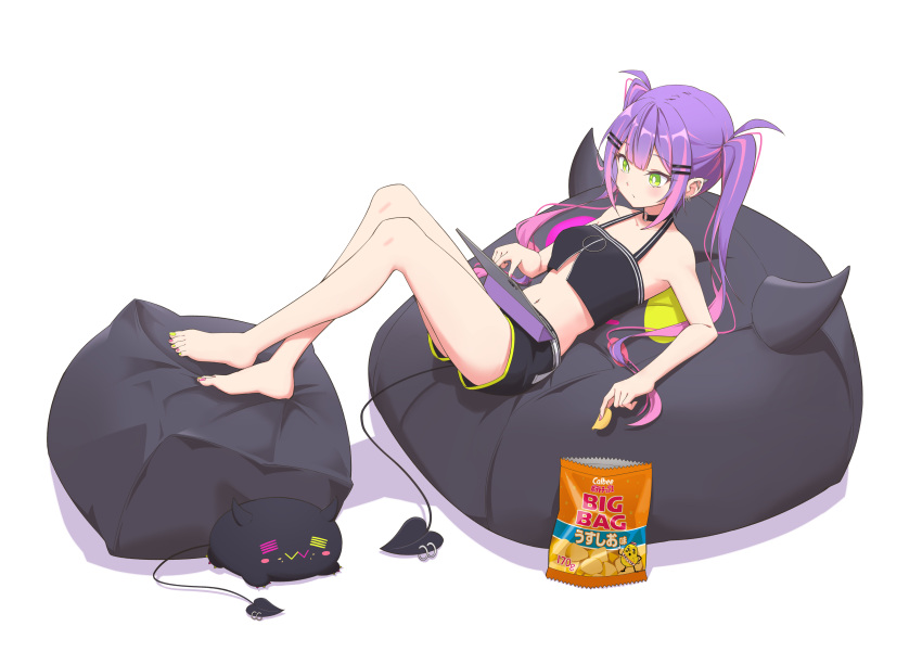 1girl absurdres bag_of_chips bare_legs bare_shoulders barefoot bean_bag_chair bibi_(tokoyami_towa) bright_pupils chips choker crop_top demon_tail ear_piercing food green_eyes hair_ornament hairclip highres hololive long_hair midriff navel piercing potato_chips purple_hair quarterlift red_nails shorts sitting tablet_pc tail tail_ornament tail_piercing toenail_polish tokoyami_towa twintails virtual_youtuber white_pupils yellow_nails