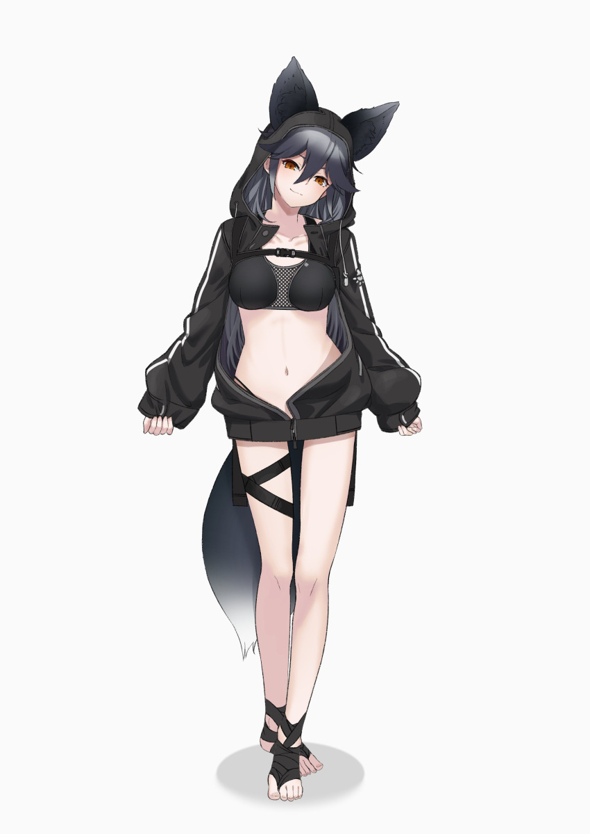 1girl absurdres alternate_costume animal_ear_fluff animal_ears ankle_wrap bangs black_jacket breasts collarbone deku_suke drawstring ears_through_headwear fox_ears fox_girl fox_tail full_body grey_hair hair_between_eyes head_tilt highleg highleg_panties highres hood hood_up hooded_jacket jacket kemono_friends light_smile long_sleeves looking_at_viewer medium_breasts navel open_clothes open_jacket panties partially_unzipped puffy_long_sleeves puffy_sleeves silver_fox_(kemono_friends) simple_background sleeves_past_wrists solo standing stomach tail thigh_strap toes underwear white_background