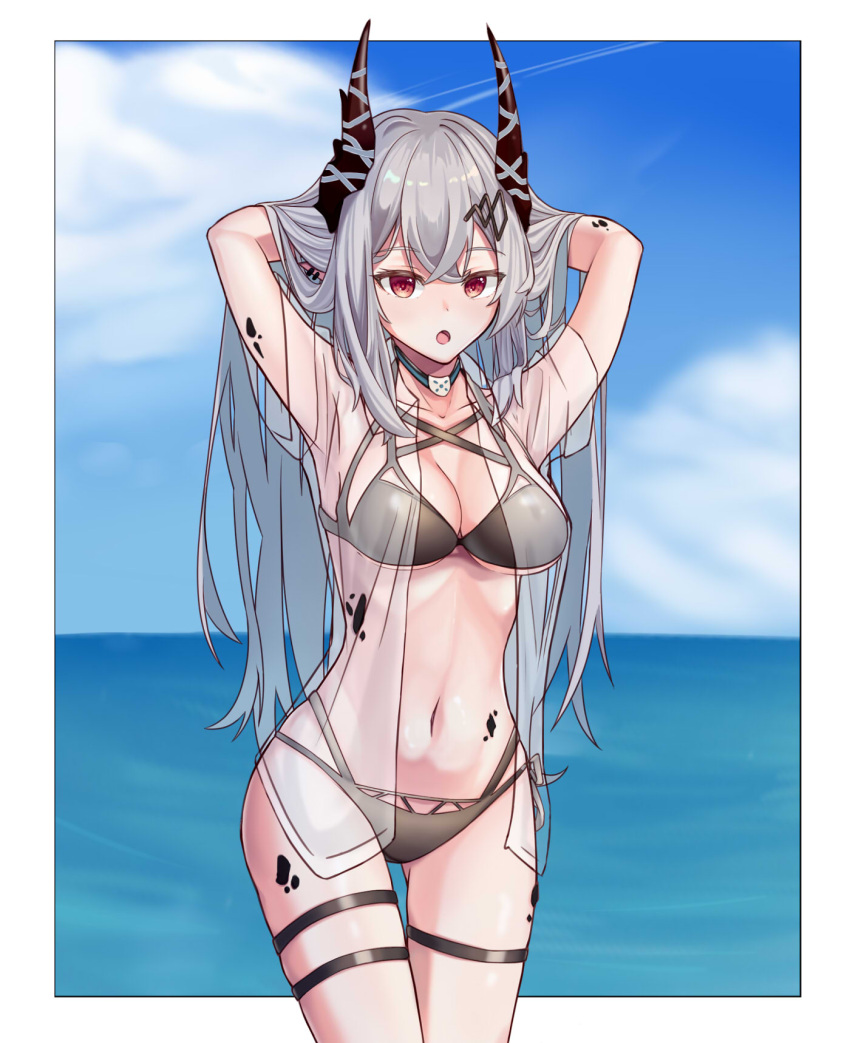 1girl arknights artist_request bikini hair_ornament highres holding holding_hair horns looking_at_viewer mudrock_(arknights) oripathy_lesion_(arknights) pointy_ears red_eyes swimsuit tagme white_hair