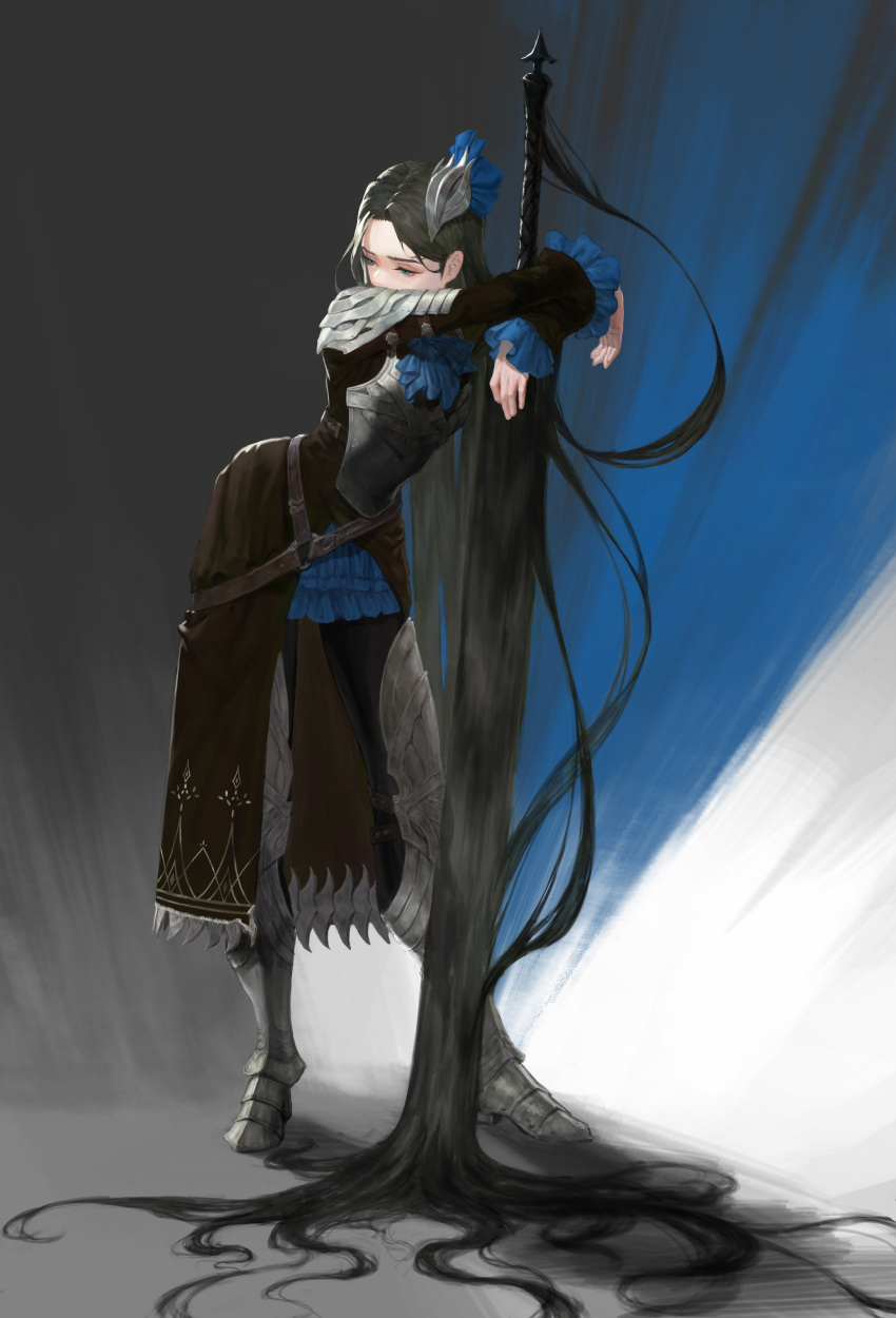 1girl absurdly_long_hair absurdres armor armored_dress black_hair blue_eyes covering_mouth frilled_sleeves frills full_body highres intemind leaning_forward long_hair long_sleeves original solo standing sword very_long_hair weapon