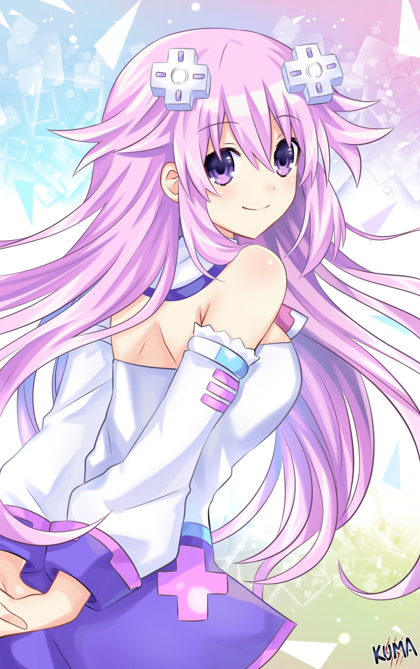 1girl adult_neptune arms_behind_back bangs blush breasts d-pad d-pad_hair_ornament detached_collar detached_sleeves dress eyebrows_visible_through_hair hair_between_eyes hair_ornament highres lewdkuma long_hair looking_at_viewer medium_breasts neptune_(series) ponytail purple_hair shin_jigen_game_neptune_vii sidelocks signature smile solo violet_eyes