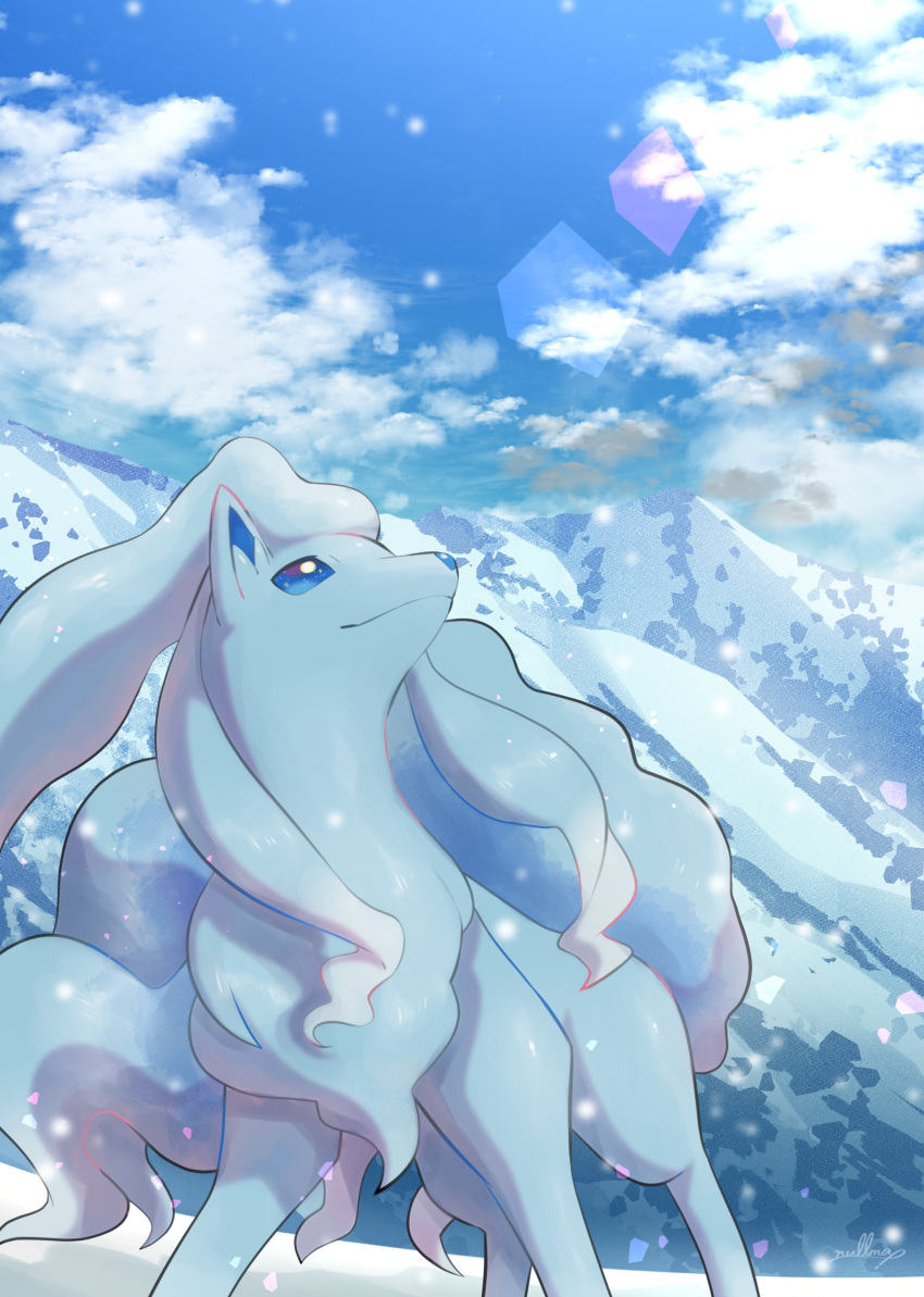 absurdres alolan_form alolan_ninetales blue_eyes closed_mouth clouds commentary_request day gen_7_pokemon highres looking_up mountain no_humans nullma outdoors pokemon pokemon_(creature) sky smile snowing solo