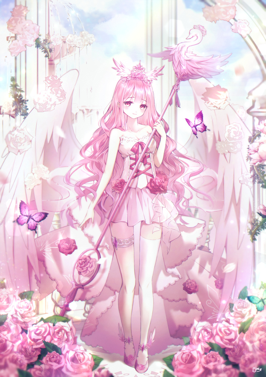 1girl absurdres bird bug butterfly commission danby_merong dress flower garden headdress highres holding holding_staff huge_filesize insect long_hair original pink_eyes pink_hair pink_theme rose solo staff swan winged_footwear