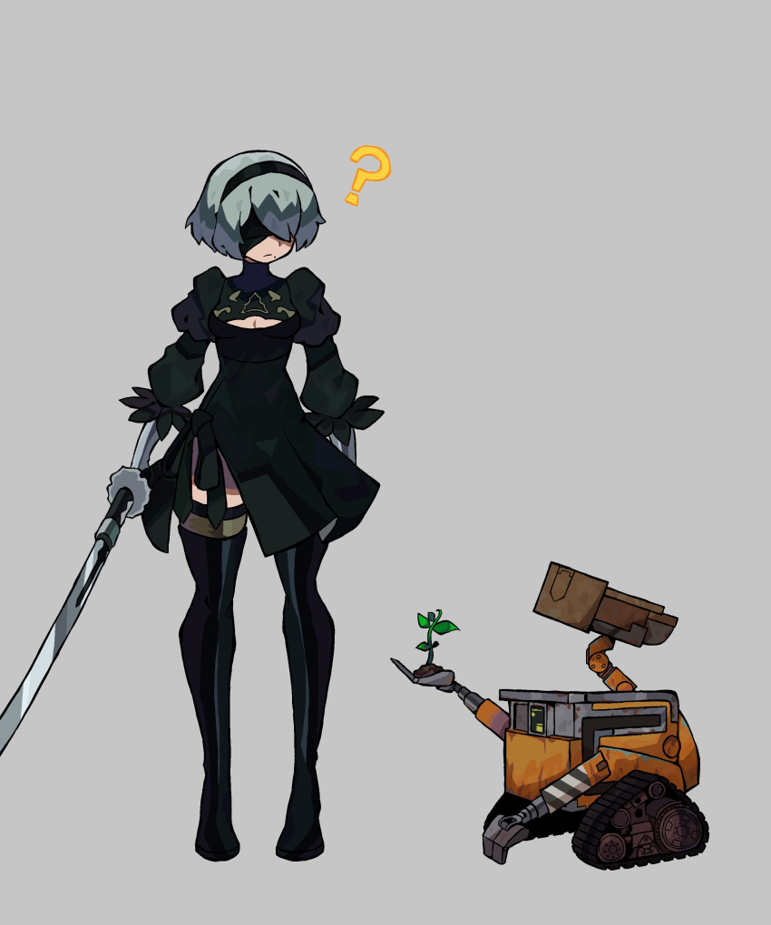 1girl ? absurdres black_blindfold black_dress black_hairband black_legwear blindfold clothing_cutout covered_eyes dress grey_background hairband highres holding holding_sword holding_weapon juliet_sleeves long_sleeves mole mole_under_mouth nier_(series) nier_automata plant puffy_sleeves rising_(risingacetrainer) robot simple_background standing sword thigh-highs wall-e wall-e_(character) weapon wide_shot yorha_no._2_type_b