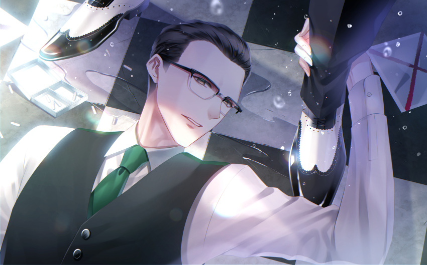 1boy araragi_soushi black-framed_eyewear black_hair brown_eyes checkered checkered_floor edward_nygma gotham_(series) green_neckwear highres long_sleeves lying male_focus necktie on_back pill shoes vest wet_floor