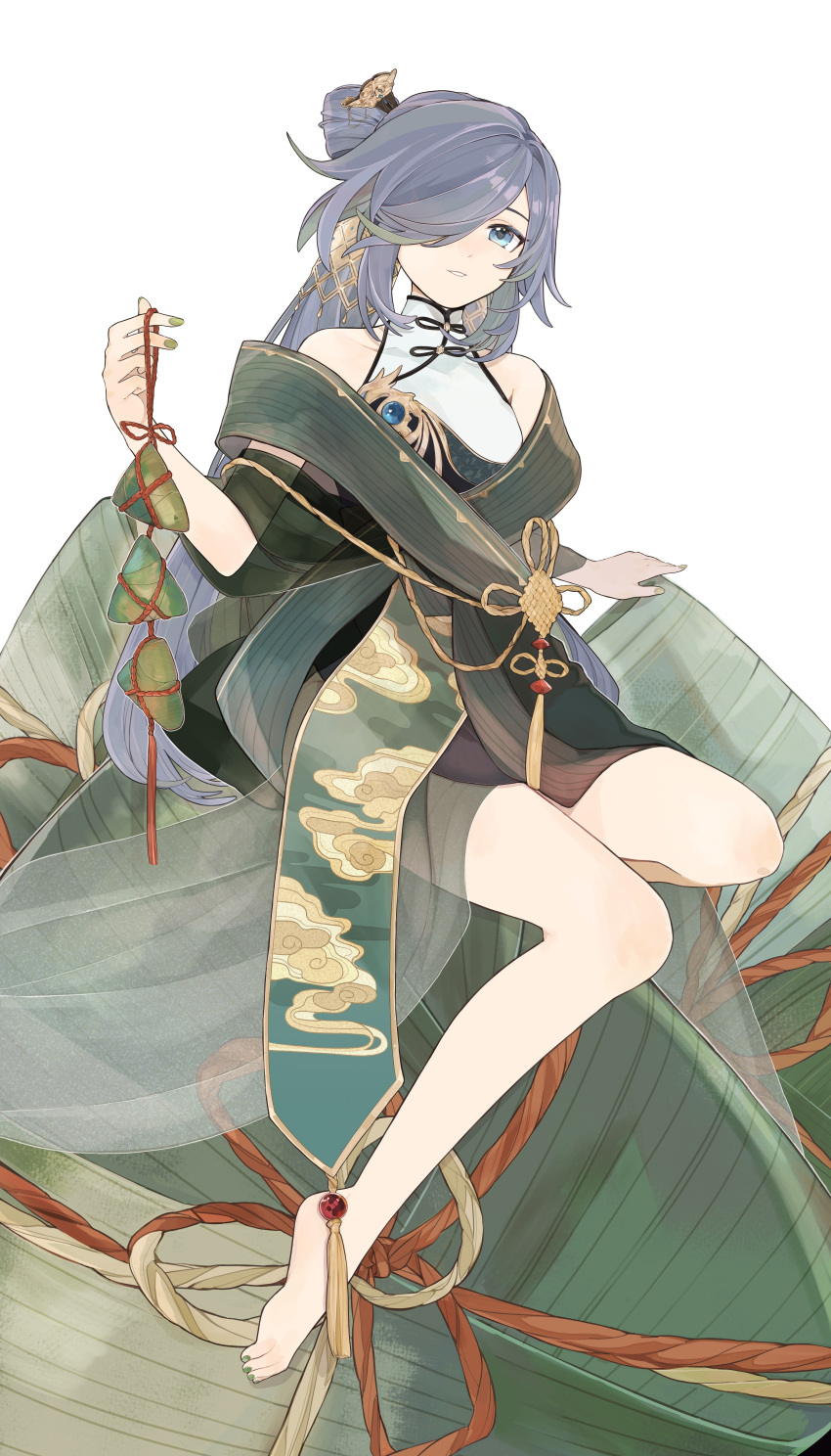 1girl absurdres bangs bare_shoulders barefoot black_hair blue_eyes china_dress chinese_clothes dress food fu_hua fu_hua_(azure_empyrea) full_body green_nails hair_ornament hair_over_one_eye highres holding holding_food honkai_(series) honkai_impact_3rd legs long_hair looking_at_viewer mogomaco nail_polish official_art ponytail simple_background sitting smile teeth thighs white_background