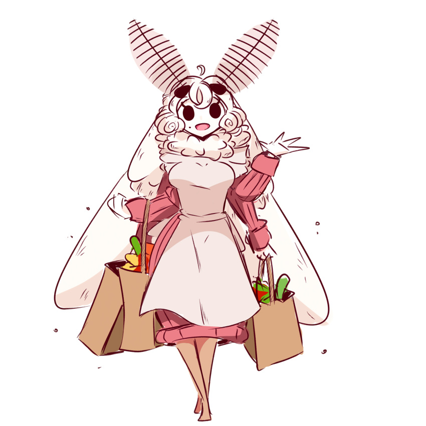 1girl :d antennae apron arthropod_girl bag bangs chibi commentary dress english_commentary extra_arms full_body fur_collar grocery_bag highres long_hair long_sleeves looking_at_viewer mole monster_girl moth_girl moth_wings murgoten open_mouth original pink_dress pink_sweater ribbed_sweater shopping_bag simple_background sketch smile solid_circle_eyes solo sweater sweater_dress waving white_apron white_background white_hair wings