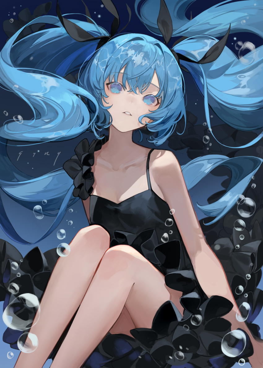 1girl absurdres aqua_eyes aqua_hair black_bow black_dress bow bubble chyoel collarbone dress feet_out_of_frame frilled_dress frills hair_bow hatsune_miku highres knees_up legs_together long_hair looking_at_viewer no_pupils shinkai_shoujo_(vocaloid) sitting solo spaghetti_strap twintails underwater very_long_hair vocaloid
