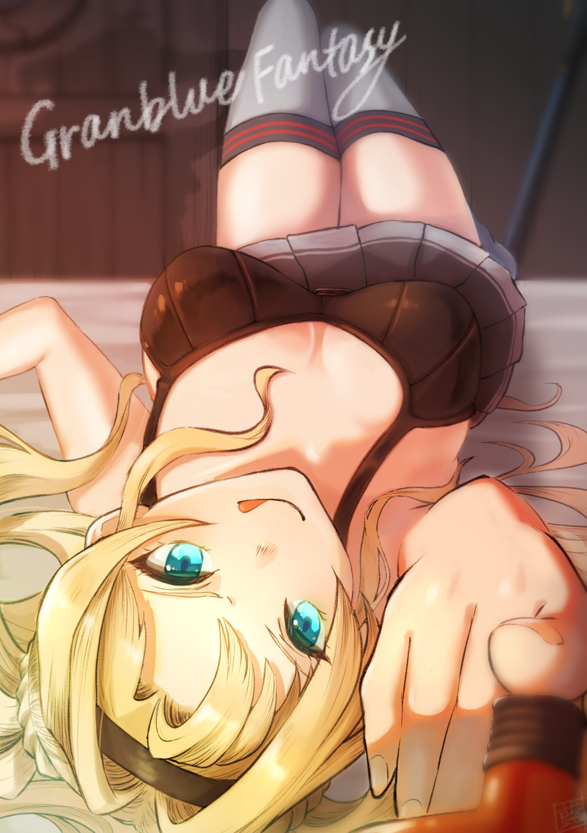 1girl :p absurdres black_bra black_hairband blonde_hair blue_eyes bra breasts breasts_apart commentary_request granblue_fantasy grey_legwear grey_skirt hairband highres icomart_nemui looking_at_viewer lying medium_breasts on_back pleated_skirt skirt solo thigh-highs tongue tongue_out twintails underwear zeta_(granblue_fantasy)