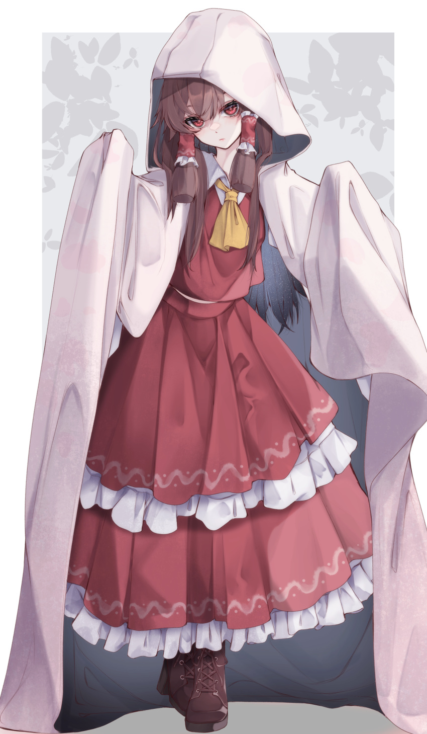 1girl absurdres bangs boots border brown_footwear brown_hair cloak dress expressionless frilled_dress frills hair_between_eyes hair_tubes hakurei_reimu hand_under_clothes hands_up highres hood hood_up hooded_cloak japanese_clothes kimono long_hair outside_border red_eyes shoes sidelocks solo standing touhou tsune_(tune) uchikake white_border yellow_neckwear