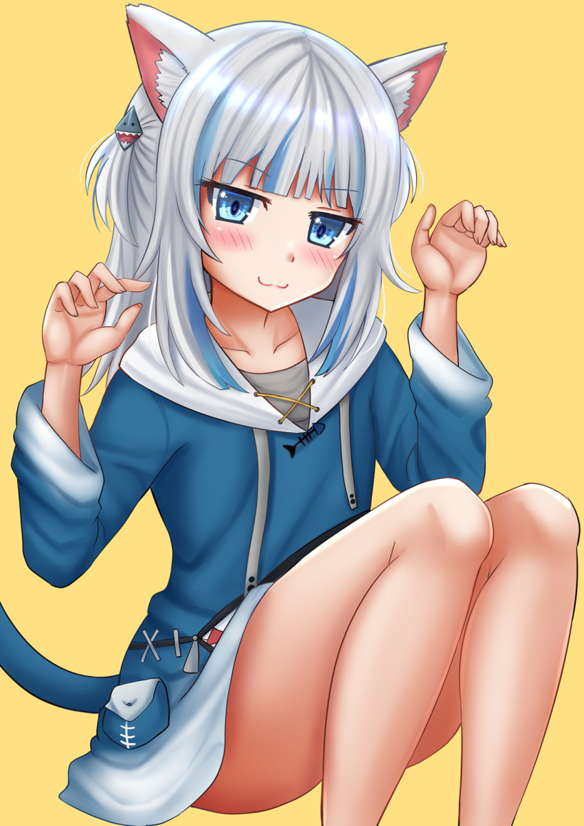 1girl :3 animal_ears bangs blue_eyes blue_hair blue_hoodie blush cat_ears cat_girl cat_tail closed_mouth collarbone commentary drawstring english_commentary eyebrows_visible_through_hair feet_out_of_frame gawr_gura hair_ornament hands_up highres hololive hololive_english hood hood_down hoodie kazenokaze kemonomimi_mode knees_up looking_at_viewer multicolored_hair silver_hair simple_background sitting solo streaked_hair tail two_side_up virtual_youtuber yellow_background