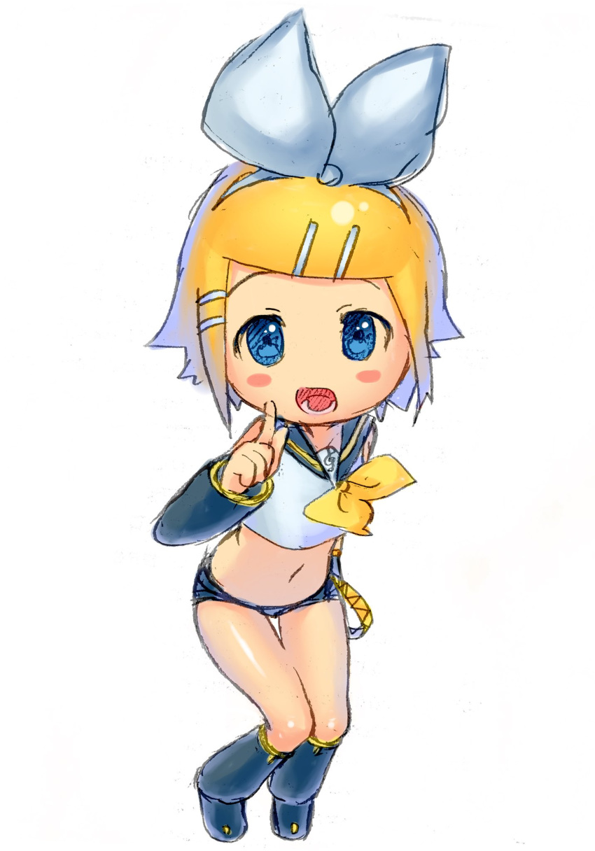 1girl black_footwear black_sailor_collar black_shorts black_sleeves blonde_hair blue_eyes crop_top hair_ornament hairclip hand_up highres index_finger_raised kagamine_rin korpokkur_kne micro_shorts midriff navel no_nose open_mouth sailor_collar shirt shoes short_hair shorts simple_background sleeveless sleeveless_shirt solo vocaloid white_background white_shirt