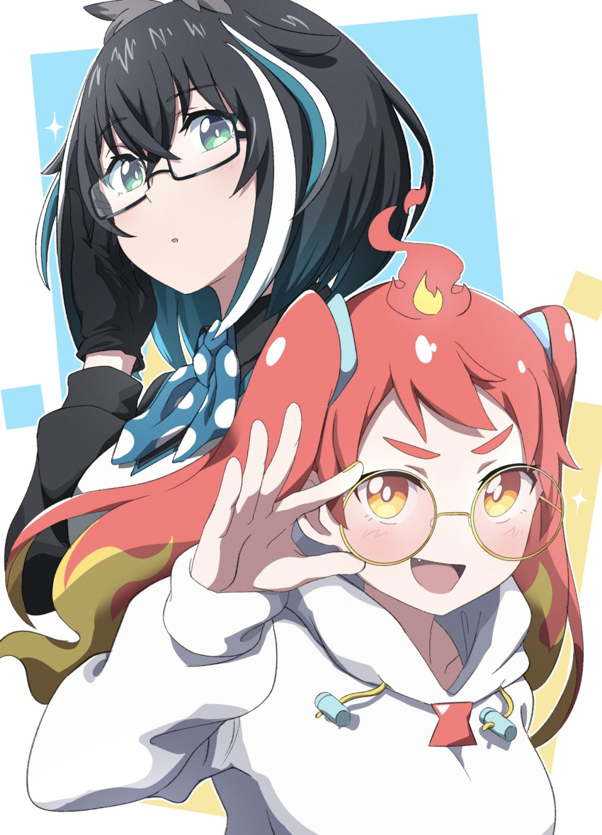 2girls :d adjusting_eyewear ahoge aimusu animare black-framed_eyewear black_gloves black_hair blonde_hair blue_hair colored_tips eyebrows_visible_through_hair fang glasses gloves green_eyes highres hikasa_tomoshika hood hoodie long_hair multicolored_hair multiple_girls neckerchief open_mouth oura_rukako owl_girl parted_lips polka_dot redhead semi-rimless_eyewear short_hair smile streaked_hair twintails under-rim_eyewear upper_body virtual_youtuber voms white_background white_hair white_hoodie yellow-framed_eyewear yellow_eyes