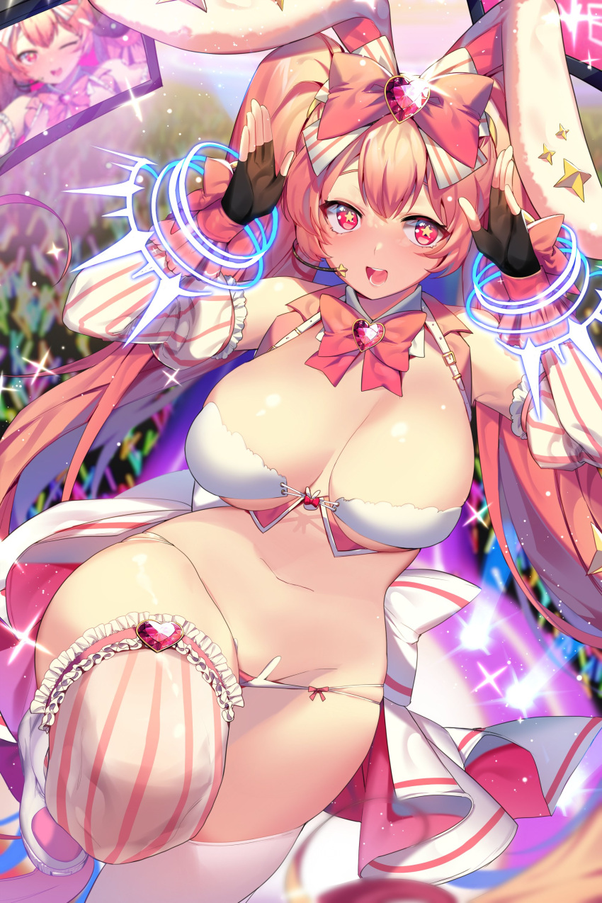 1girl absurdres animal_ears bangs black_gloves blush breasts bunny_pose character_request copyright_request gloves hands_up highres large_breasts legs_folded long_hair looking_at_viewer mendou_kusai mismatched_legwear navel open_mouth original pink_eyes pink_hair rabbit_ears screen smile solo star-shaped_pupils star_(symbol) striped striped_legwear symbol-shaped_pupils thigh-highs twintails vertical_stripes
