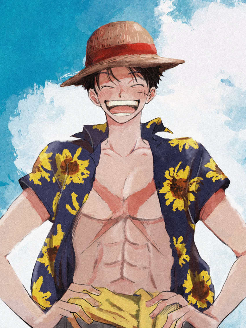 1boy abs bare_arms black_hair blush closed_eyes collarbone collared_shirt day facing_viewer floral_print hands_on_hips hat highres makenevemoiine male_focus monkey_d._luffy one_piece open_clothes open_mouth open_shirt outdoors pectorals print_shirt scar scar_on_cheek scar_on_chest scar_on_face shirt short_hair short_sleeves smile solo stomach straw_hat teeth toned toned_male upper_body