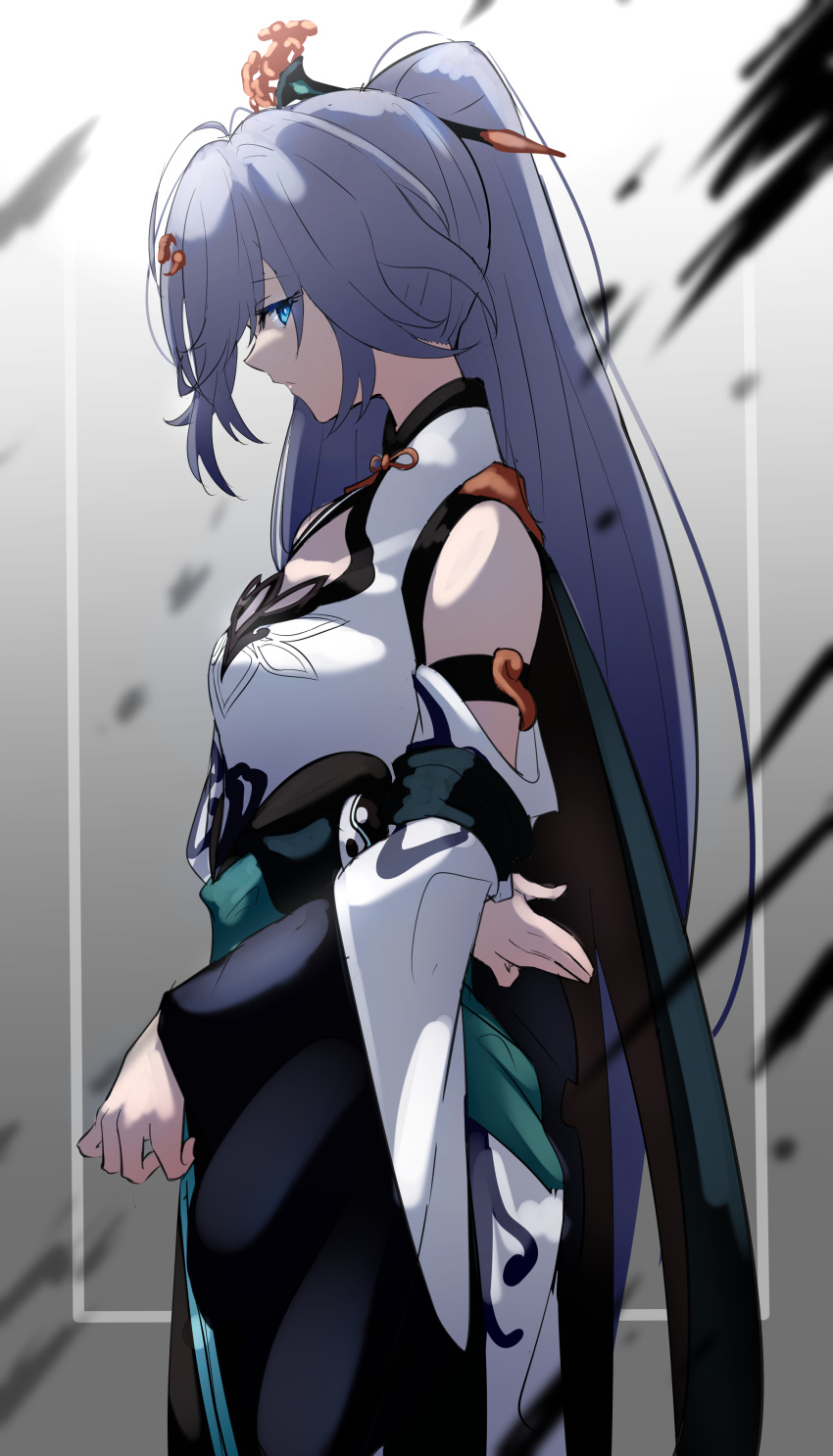 1girl absurdres azarashi_(azrsot) bangs bare_shoulders black_hair blue_eyes breasts china_dress chinese_clothes closed_mouth dress fu_hua fu_hua_(azure_empyrea) hair_ornament hair_over_one_eye highres honkai_(series) honkai_impact_3rd long_hair long_sleeves looking_at_viewer looking_to_the_side ponytail small_breasts solo