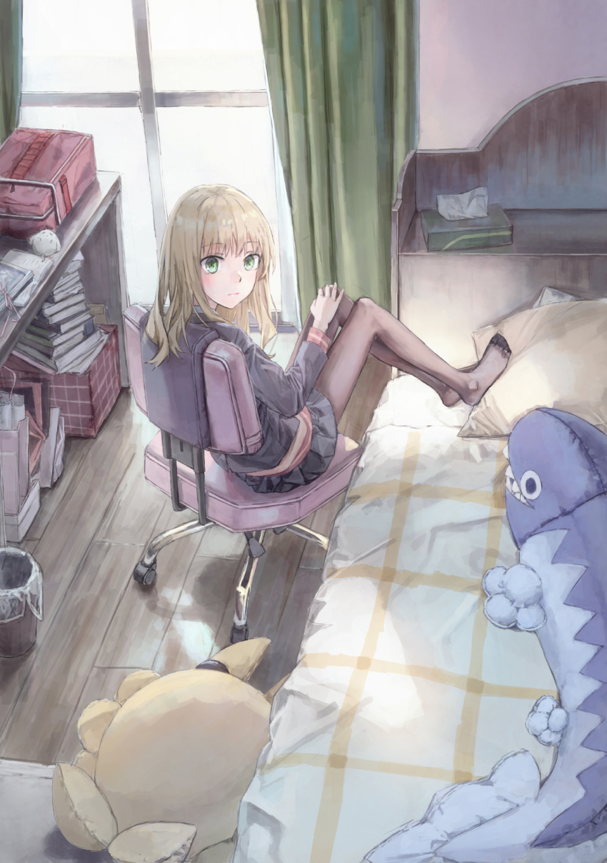 1girl 54cr bangs black_jacket black_skirt blazer blonde_hair blush expressionless eyebrows_visible_through_hair from_above gridman_universe hand_on_own_knee highres jacket looking_back looking_up minami_yume pantyhose sitting skirt solo ssss.dynazenon stuffed_toy tissue_box window