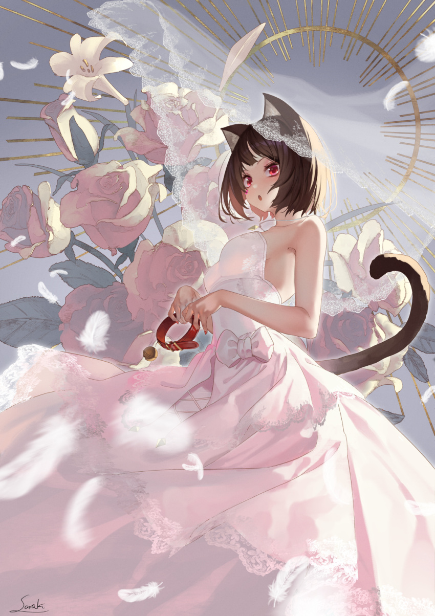 1girl :o animal_collar animal_ears bangs bare_arms breasts brown_hair cat_ears cat_girl cat_tail collar collar_removed commentary_request dress feathers flower highres holding_collar jewelry looking_at_viewer medium_breasts nail_polish original pendant pink_flower pink_rose red_collar red_eyes red_nails rose saraki short_hair signature sleeveless sleeveless_dress solo standing tail tail_raised veil wedding_dress white_dress white_flower