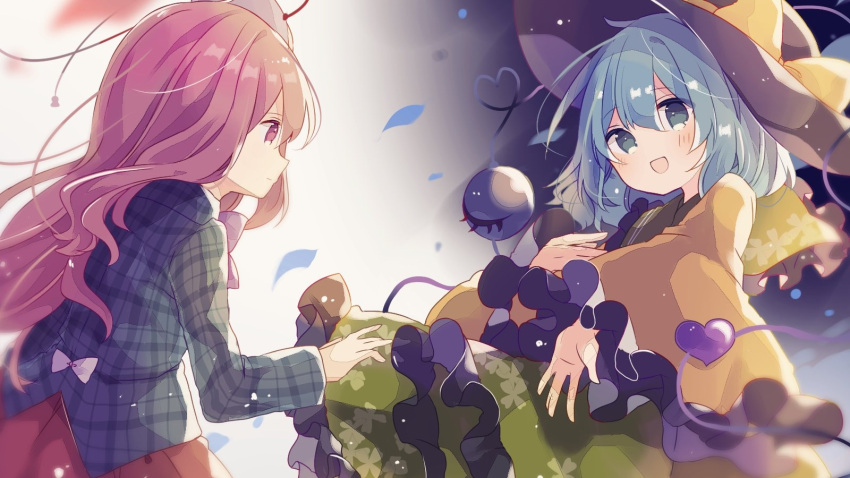 2girls bangs black_headwear blur bow closed_mouth floral_print frilled_sleeves frills green_eyes green_hair green_shirt green_skirt hat hat_bow hata_no_kokoro heart heart_of_string highres komeiji_koishi long_hair long_sleeves looking_at_another mask mask_on_head mina_(sio0616) multiple_girls open_mouth pink_eyes pink_hair plaid plaid_shirt shirt short_hair skirt smile third_eye touhou white_bow wide_sleeves yellow_bow yellow_shirt