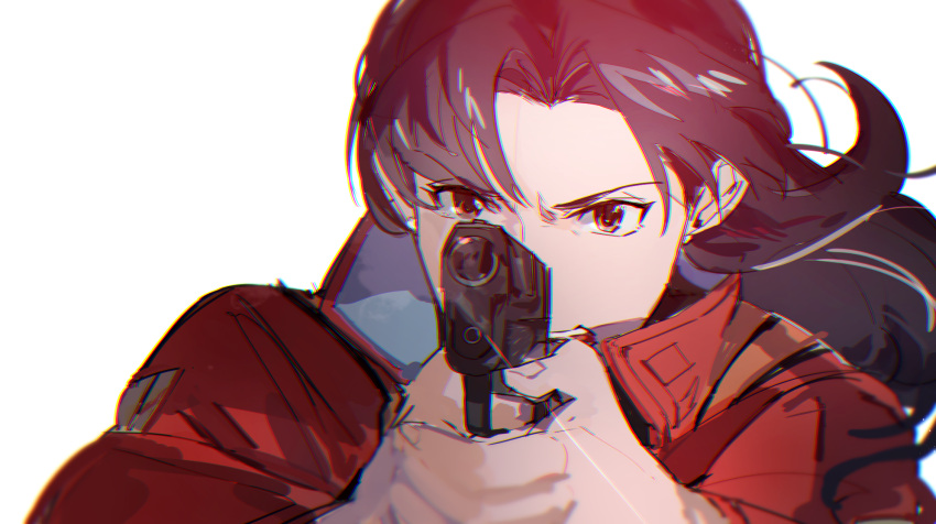 1girl aiming_at_viewer angry bangs biiko_(king1015g) black_hair brown_eyes collar collared_jacket commentary_request eyebrows_visible_through_hair gun handgun highres holding holding_gun holding_weapon jacket katsuragi_misato long_hair long_sleeves looking_at_viewer neon_genesis_evangelion open_mouth parted_bangs pistol red_jacket simple_background solo upper_body weapon white_background